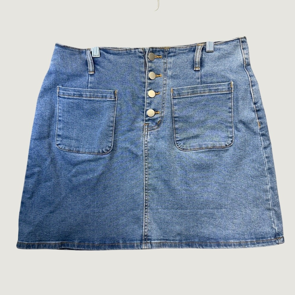 Blue Denim Skirt Womens L Jean Button Front Mini A-Line Cotton Y2K Vintage Boho